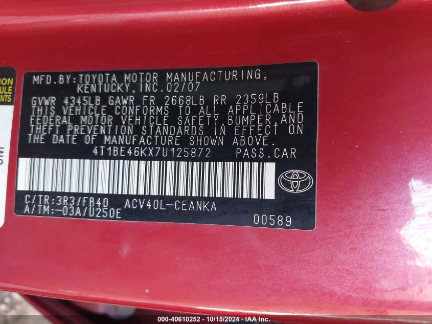 2007 Toyota Camry Le VIN: 4T1BE46KX7U125872 Lot: 40610252