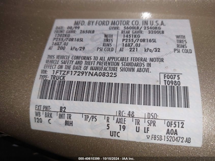 2000 Ford F-150 Work Series/Xl/Xlt VIN: 1FTZF1729YNA08325 Lot: 40610399