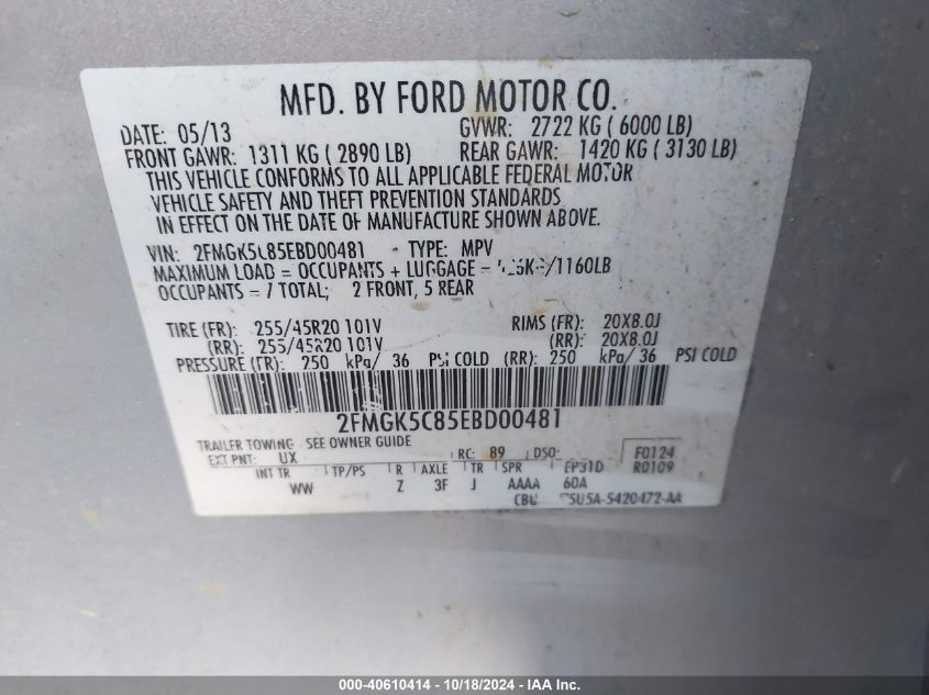 2014 Ford Flex Sel VIN: 2FMGK5C85EBD00481 Lot: 40610414