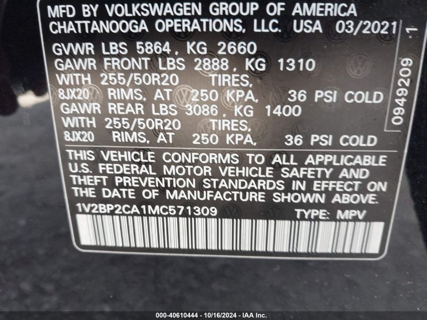 2021 Volkswagen Atlas 2.0T Sel VIN: 1V2BP2CA1MC571309 Lot: 40610444