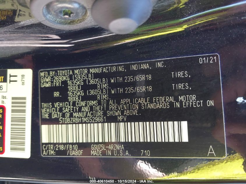 2021 Toyota Highlander Le VIN: 5TDBZRBH1MS529661 Lot: 40610450