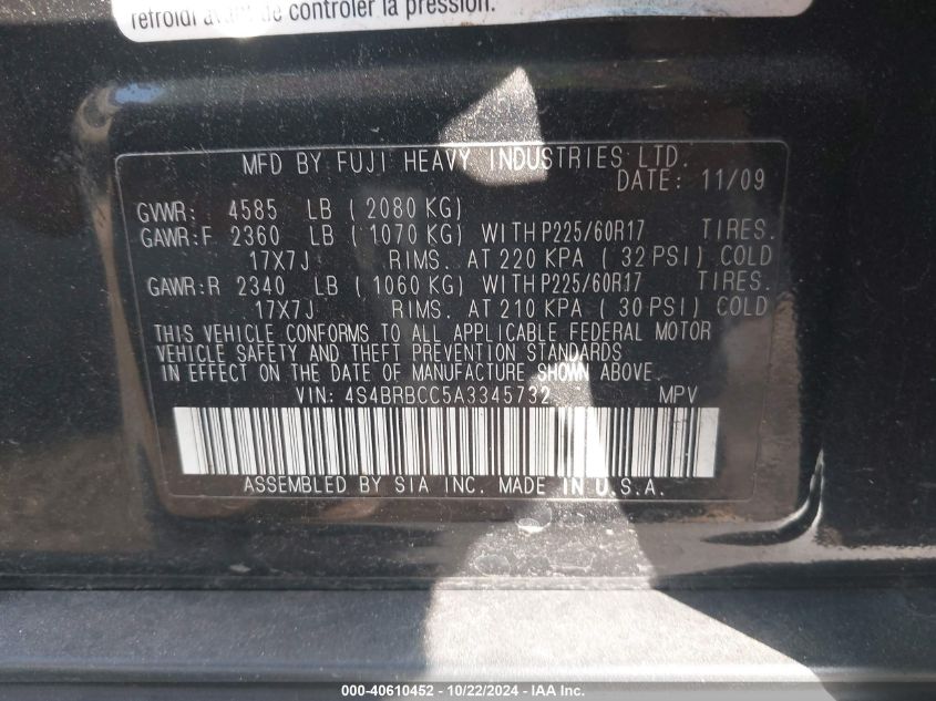 2010 Subaru Outback 2.5I Premium VIN: 4S4BRBCC5A3345732 Lot: 40610452