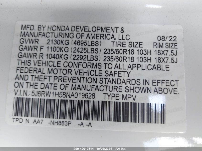 VIN 5J6RW1H58NA019628 2022 Honda CR-V, 2Wd Ex no.9