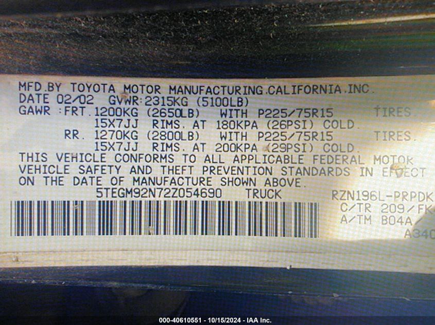 2002 Toyota Tacoma Prerunner VIN: 5TEGM92N72Z054690 Lot: 40610551