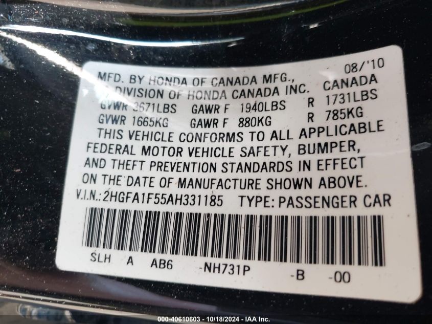 2010 Honda Civic Lx VIN: 2HGFA1F55AH331185 Lot: 40610603