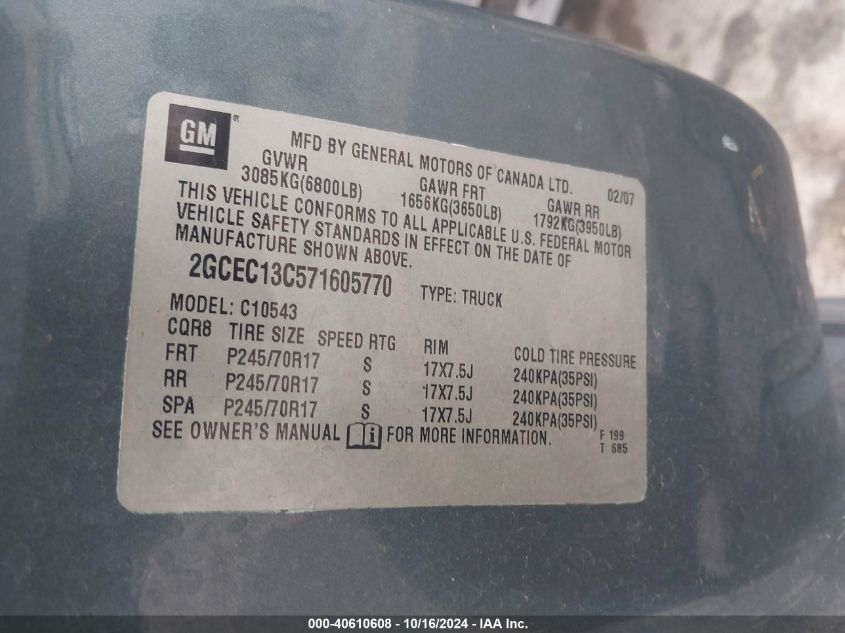 2007 Chevrolet Silverado 1500 Lt1 VIN: 2GCEC13C571605770 Lot: 40610608