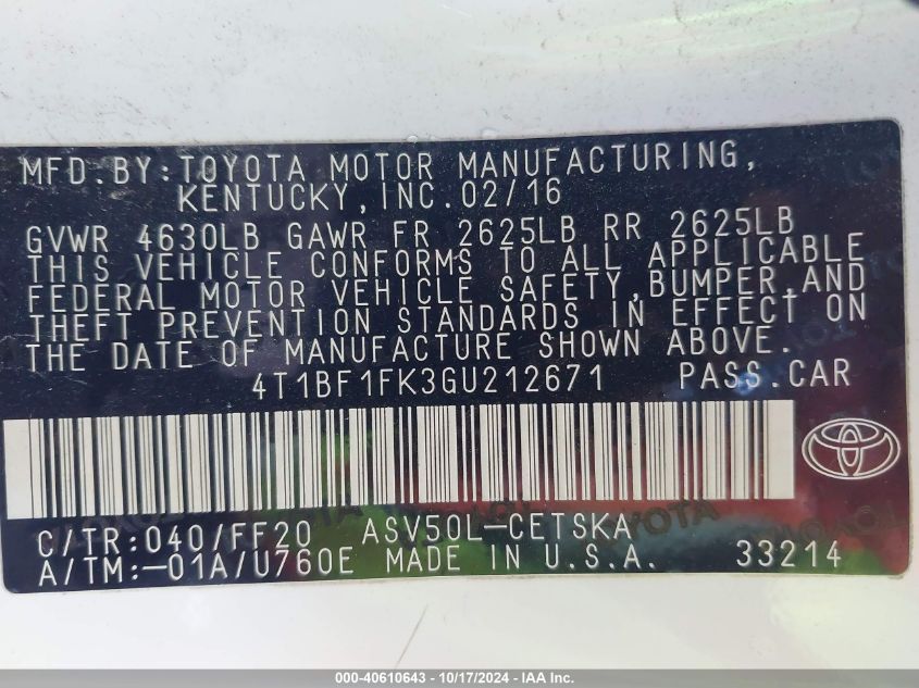 VIN 4T1BF1FK3GU212671 2016 TOYOTA CAMRY no.9