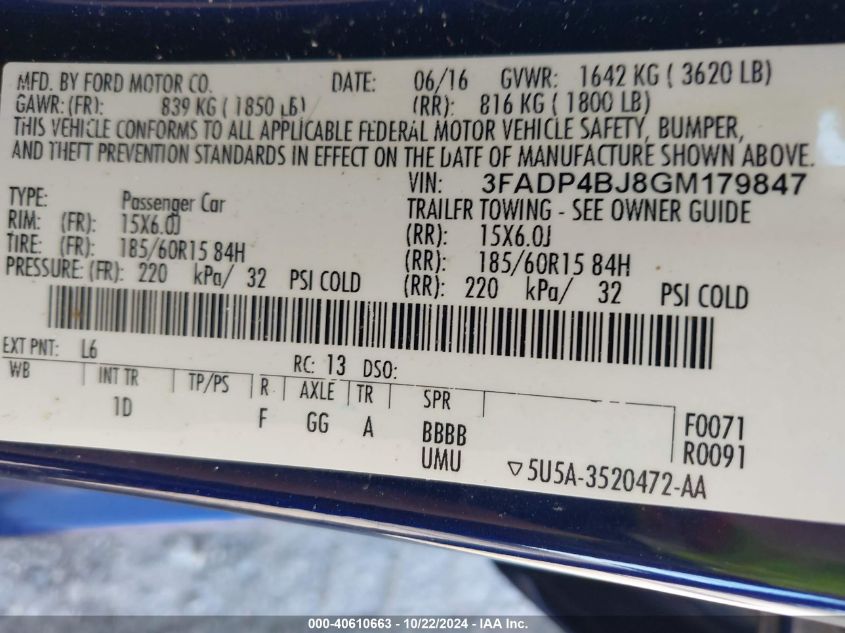 2016 Ford Fiesta Se VIN: 3FADP4BJ8GM179847 Lot: 40610663