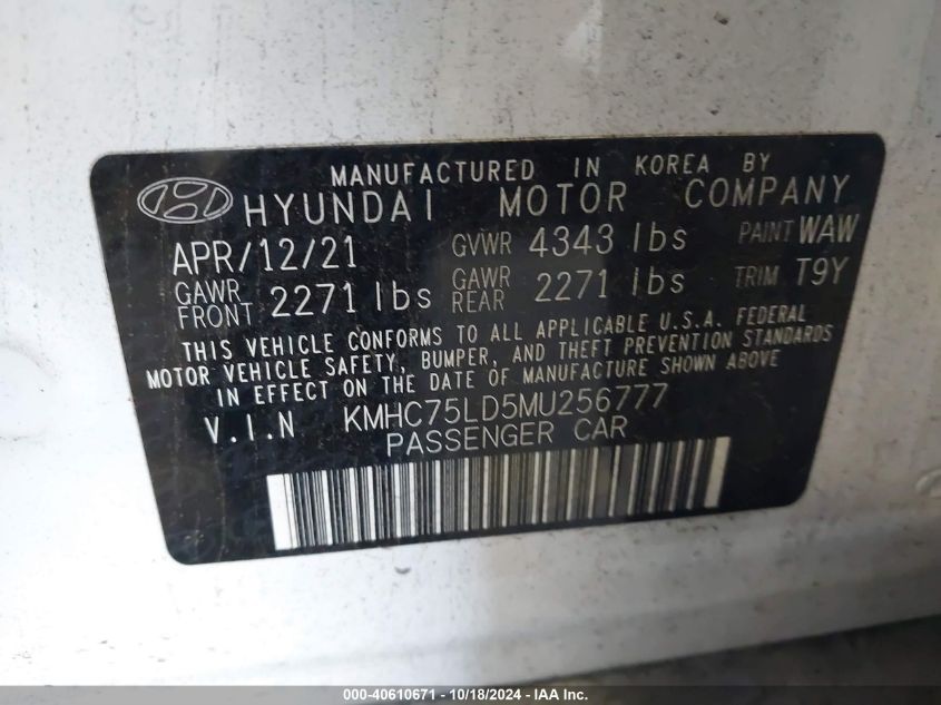 2021 Hyundai Ioniq Plug-In Hybrid Sel VIN: KMHC75LD5MU256777 Lot: 40610671