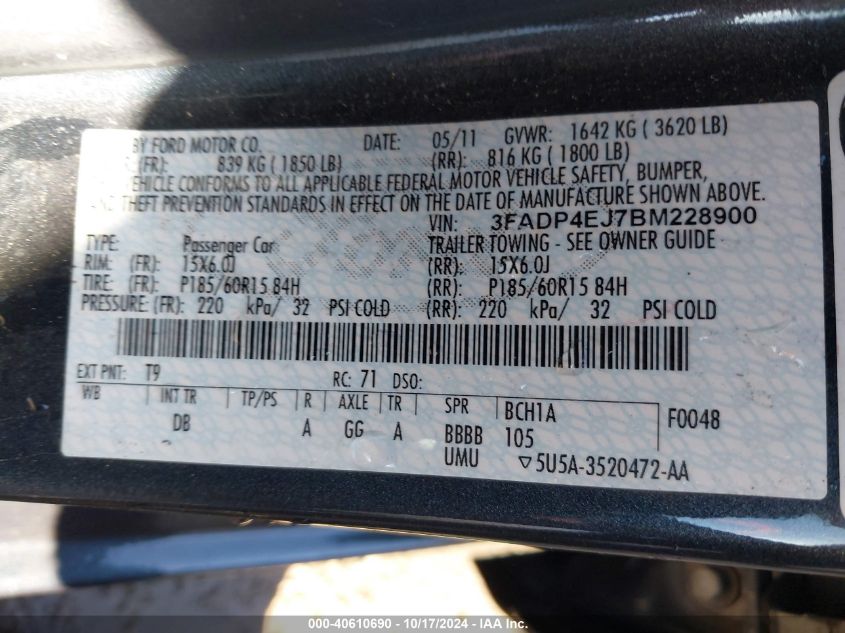 2011 Ford Fiesta Se VIN: 3FADP4EJ7BM228900 Lot: 40610690