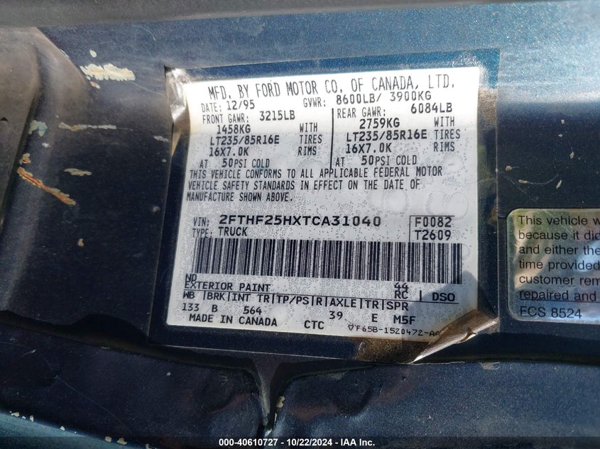 1996 Ford F250 VIN: 2FTHF25HXTCA31040 Lot: 40610727
