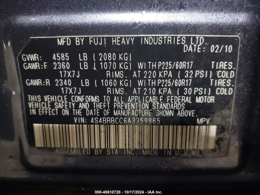 2010 Subaru Outback 2.5I Premium VIN: 4S4BRBCC6A3359865 Lot: 40610728