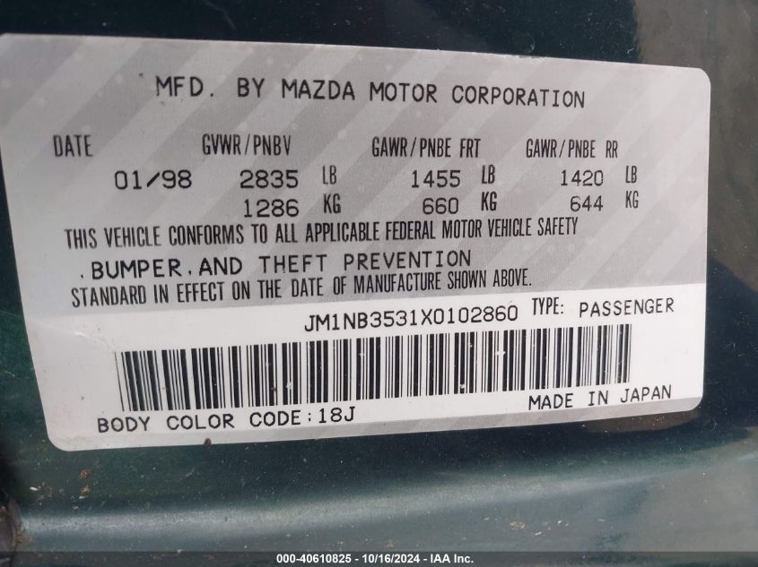 1999 Mazda Mx-5 Miata Leather Pkg/Popular Equipment Pkg/Sports Pkg/Touring Pkg VIN: JM1NB3531X0102860 Lot: 40610825
