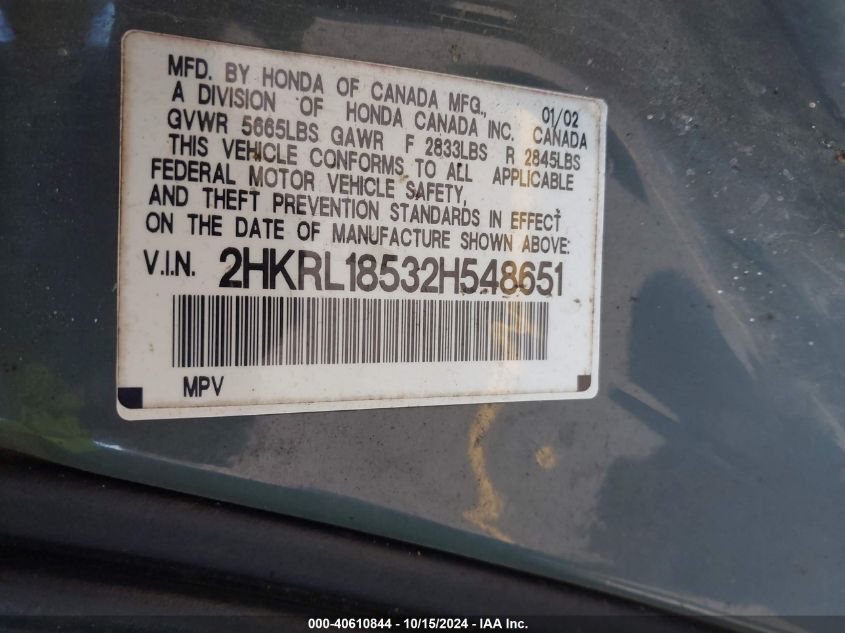 2002 Honda Odyssey Lx VIN: 2HKRL18532H548651 Lot: 40610844