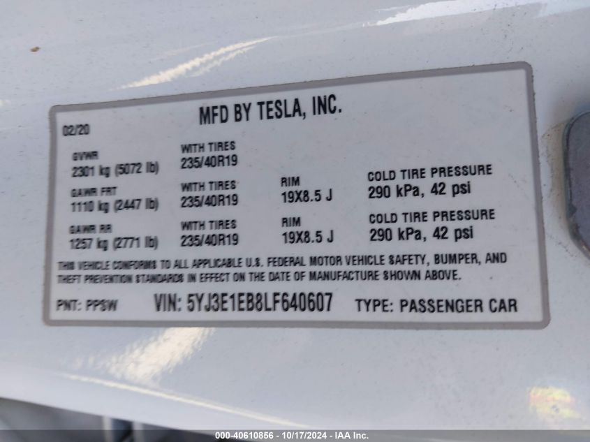 2020 Tesla Model 3 Long Range Dual Motor All-Wheel Drive VIN: 5YJ3E1EB8LF640607 Lot: 40610856