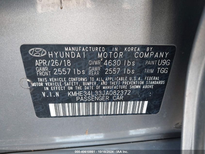 2018 Hyundai Sonata Hybrid Limited VIN: KMHE34L33JA082372 Lot: 40610861