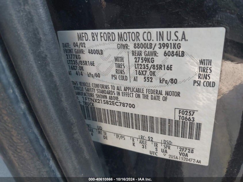 2002 Ford F-250 Lariat/Xl/Xlt VIN: 1FTNX21S82EC78700 Lot: 40610866