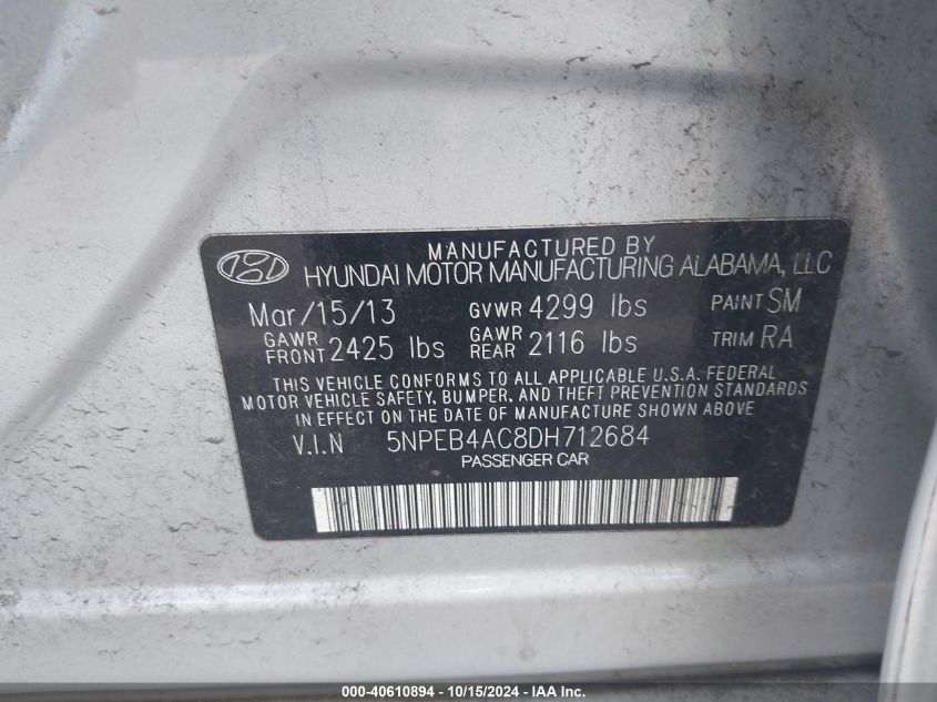 2013 Hyundai Sonata Gls VIN: 5NPEB4AC8DH712684 Lot: 40610894