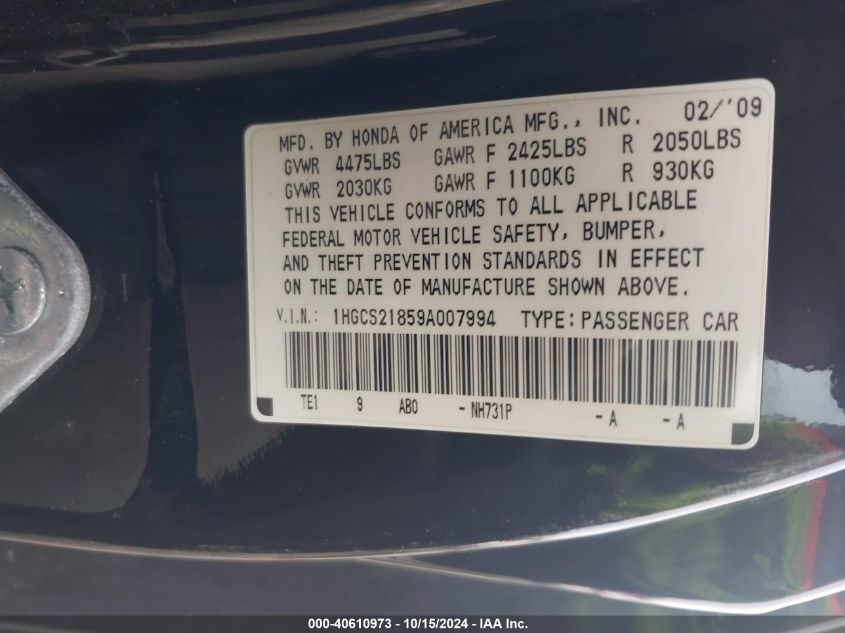 2009 Honda Accord 3.5 Ex-L VIN: 1HGCS21859A007994 Lot: 40610973