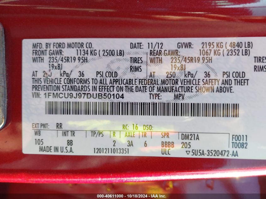 2013 Ford Escape Titanium VIN: 1FMCU9J97DUB50104 Lot: 40611000