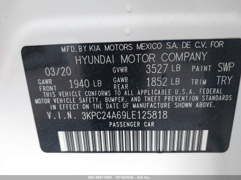 2020 Hyundai Accent Se VIN: 3KPC24A69LE125818 Lot: 40611005