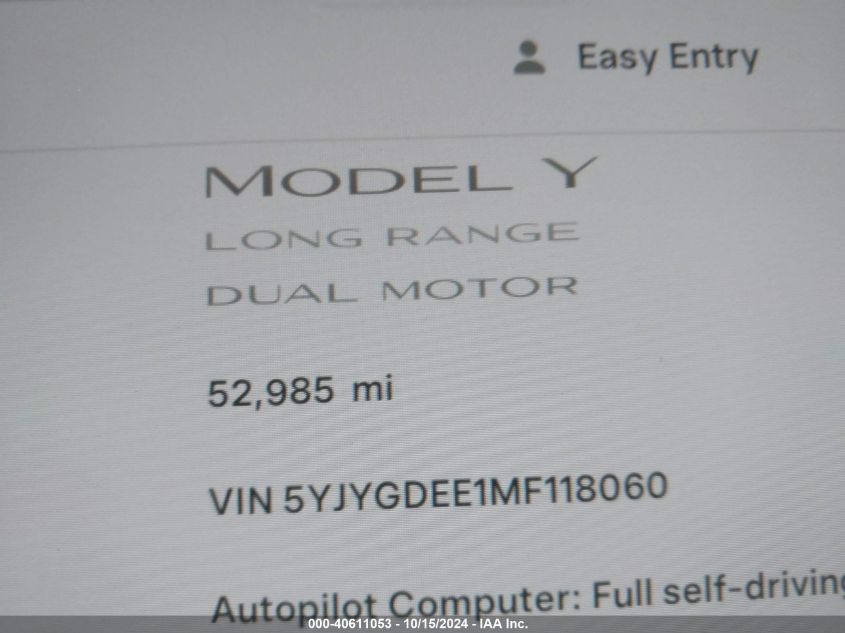 2021 Tesla Model Y Long Range Dual Motor All-Wheel Drive VIN: 5YJYGDEE1MF118060 Lot: 40611053