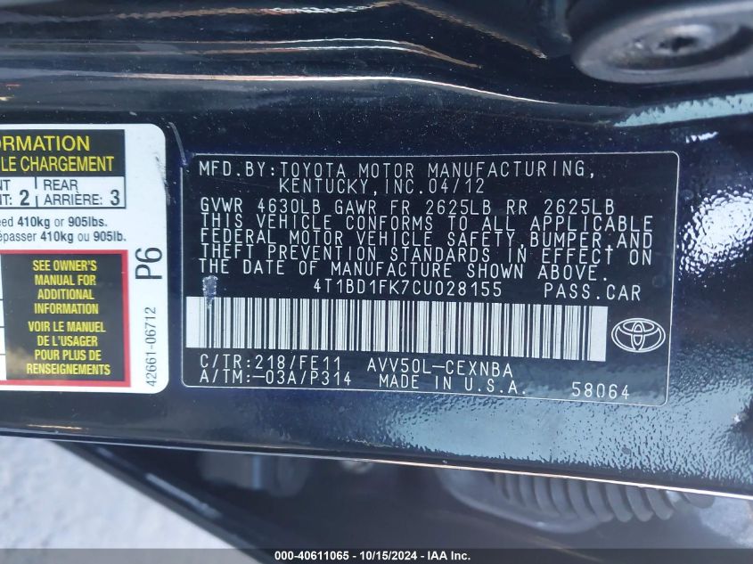 2012 Toyota Camry Hybrid Le VIN: 4T1BD1FK7CU028155 Lot: 40611065