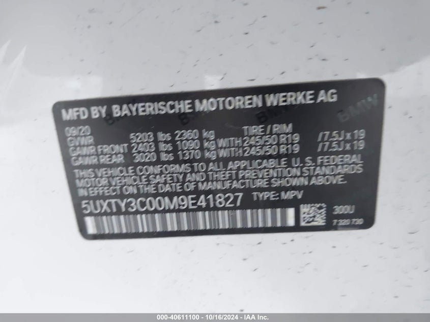 2021 BMW X3 SDRIVE30I VIN: 5UXTY3C00M9E41827