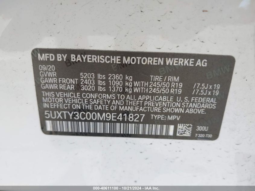 2021 BMW X3 SDRIVE30I - 5UXTY3C00M9E41827