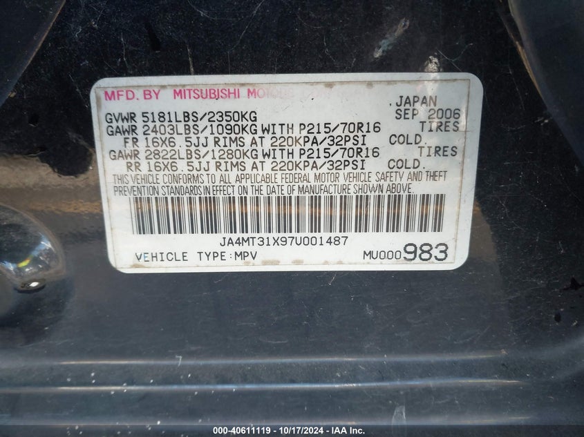 2007 Mitsubishi Outlander Ls VIN: JA4MT31X97U001487 Lot: 40611119