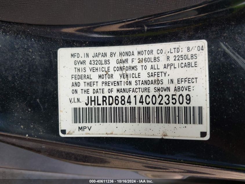 2004 Honda Cr-V Lx VIN: JHLRD68414C023509 Lot: 40611236