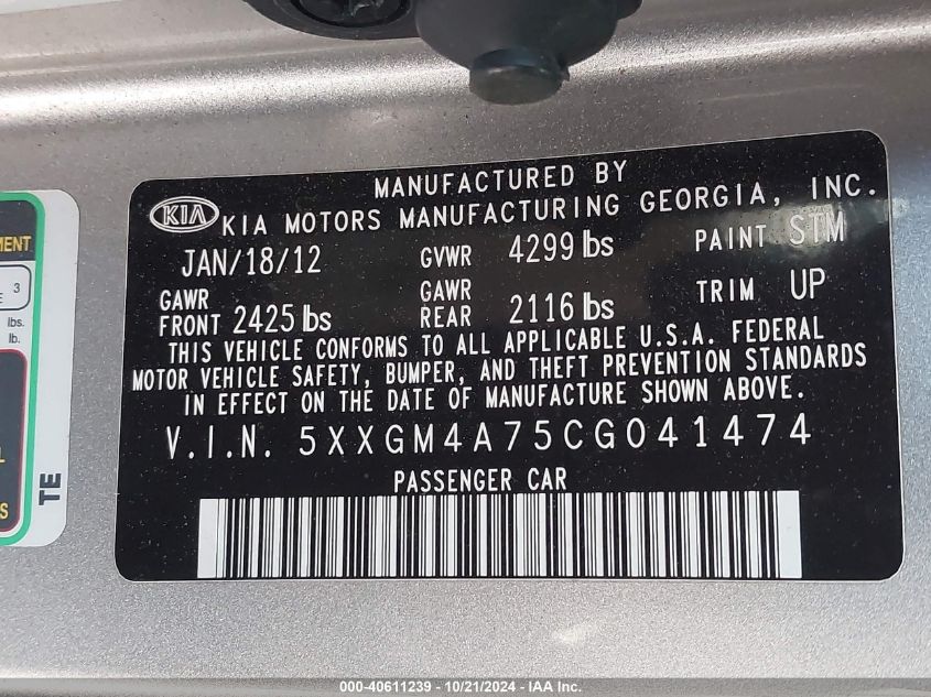 2012 Kia Optima Lx VIN: 5XXGM4A75CG041474 Lot: 40611239