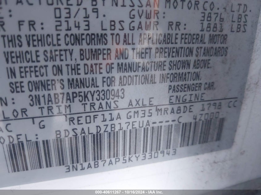 VIN 3N1AB7AP5KY330943 2019 NISSAN SENTRA SV
