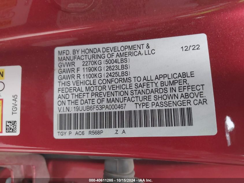 2023 Acura Tlx A-Spec Package VIN: 19UUB6F53PA000467 Lot: 40611285