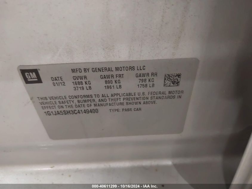 2012 Chevrolet Sonic 2Ls VIN: 1G1JA5SH3C4149400 Lot: 40611299