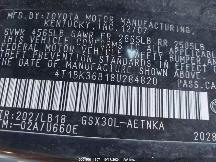 2008 Toyota Avalon Xl/Xls/Touring/Limited VIN: 4T1BK36B18U284820 Lot: 40611307