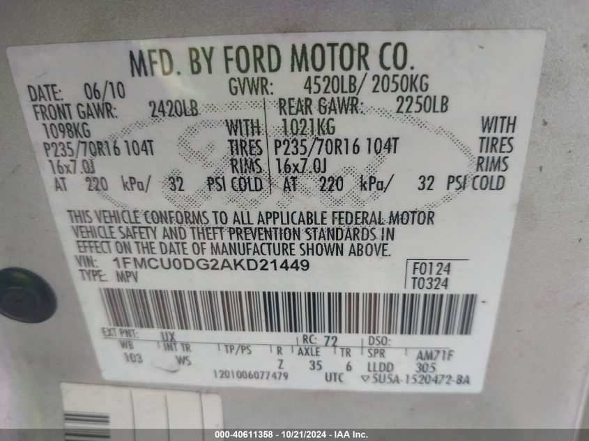 2010 Ford Escape Xlt VIN: 1FMCU0DG2AKD21449 Lot: 40611358