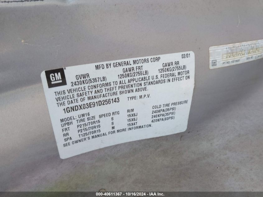 2001 Chevrolet Venture Ls VIN: 1GNDX03E91D256143 Lot: 40611367