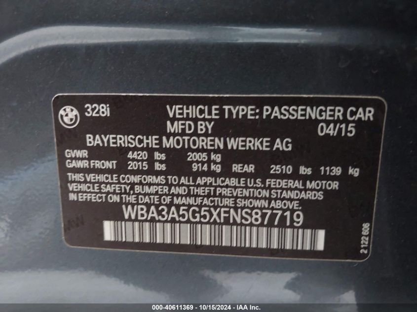 VIN WBA3A5G5XFNS87719 2015 BMW 3 Series, 328I no.9