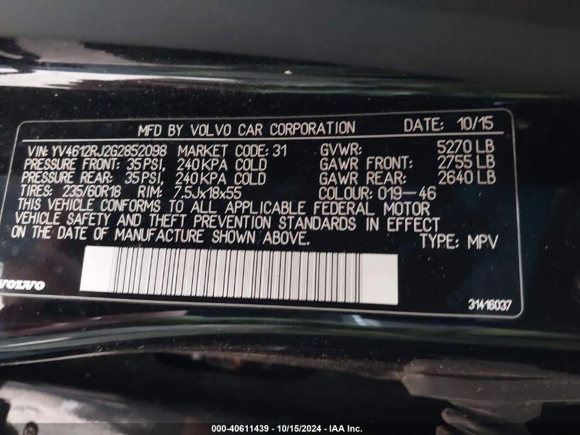 2016 Volvo Xc60 T5 VIN: YV4612RJ2G2852098 Lot: 40611439