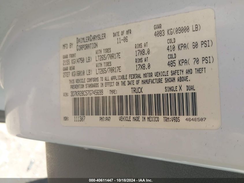 2007 Dodge Ram 2500 Slt/Sport VIN: 3D7KR28C57G745699 Lot: 40611447