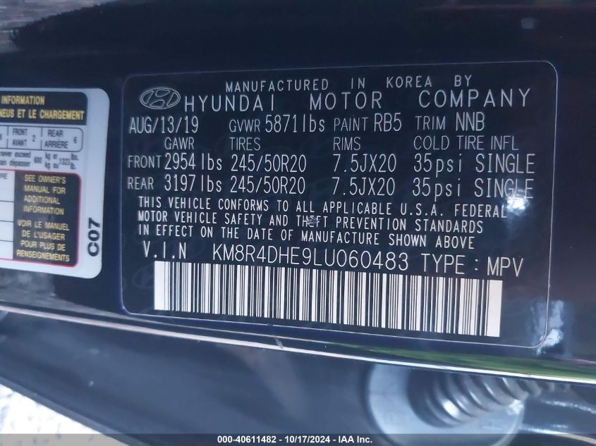 2020 Hyundai Palisade Sel VIN: KM8R4DHE9LU060483 Lot: 40611482