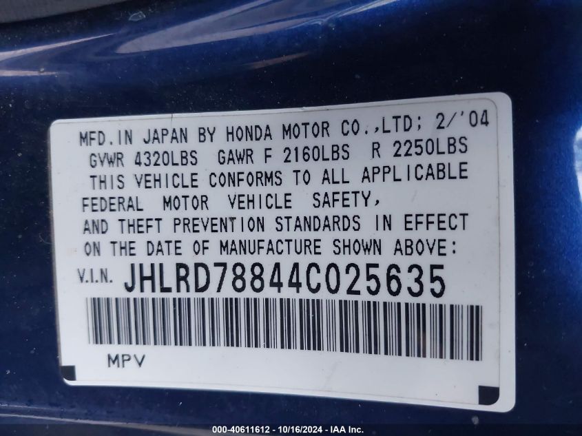 2004 Honda Cr-V Ex VIN: JHLRD78844C025635 Lot: 40611612