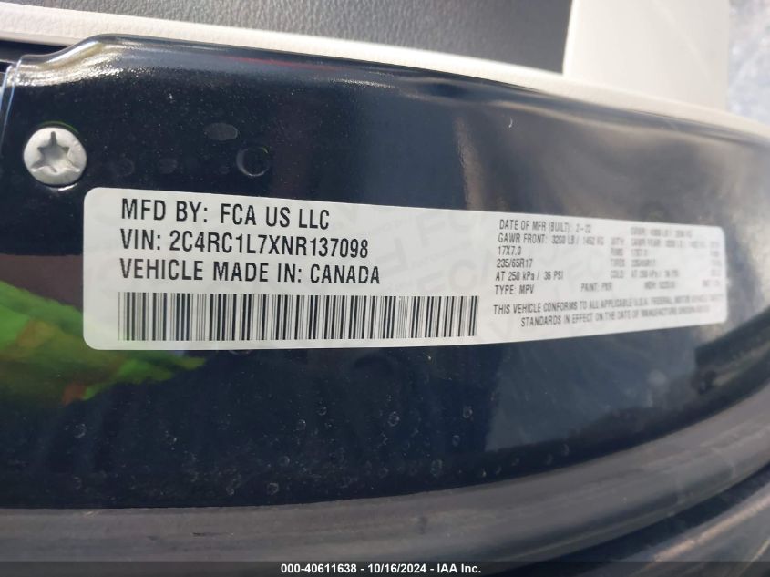 2022 Chrysler Pacifica Hybrid Touring L VIN: 2C4RC1L7XNR137098 Lot: 40611638