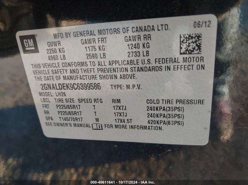 2012 Chevrolet Equinox 1Lt VIN: 2GNALDEK9C6399586 Lot: 40611641