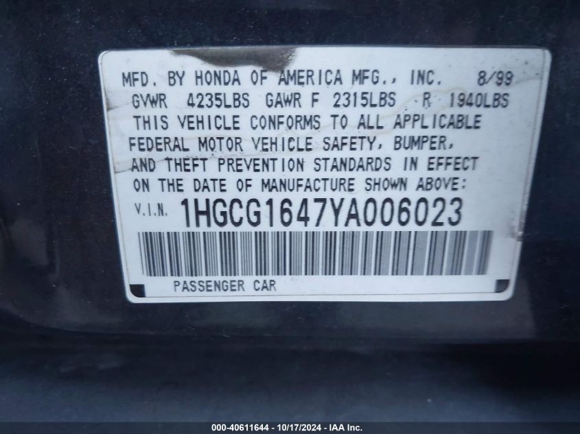 2000 Honda Accord Lx VIN: 1HGCG1647YA006023 Lot: 40611644