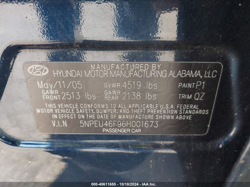 2006 Hyundai Sonata Gls V6/Lx V6 VIN: 5NPEU46F96H001673 Lot: 40611655