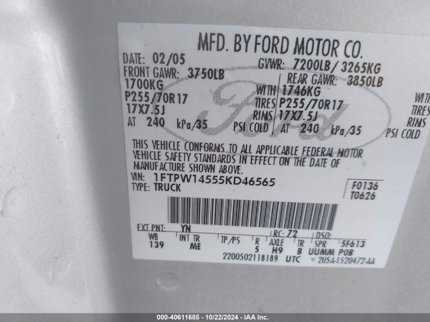 2005 Ford F-150 Fx4/Lariat/Xlt VIN: 1FTPW14555KD46565 Lot: 40611685