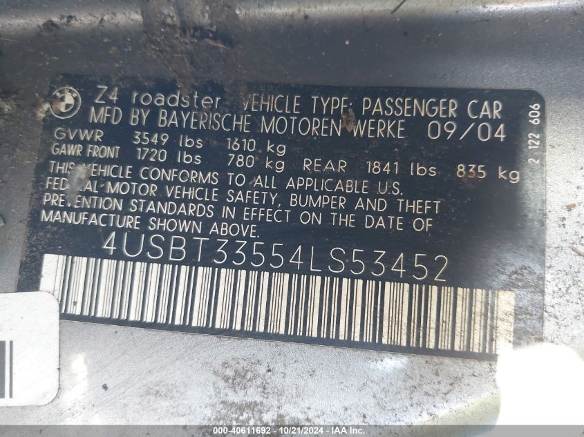 2004 BMW Z4 2.5I VIN: 4USBT33554LS53452 Lot: 40611692