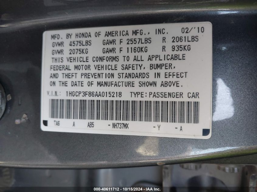 2010 Honda Accord 3.5 Ex-L VIN: 1HGCP3F86AA015218 Lot: 40611712